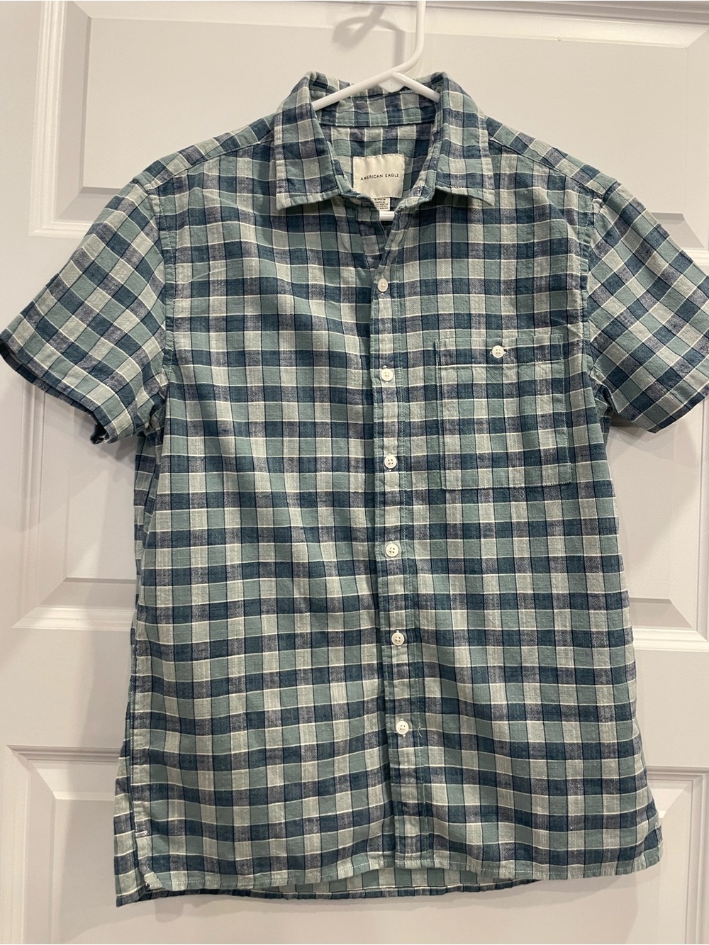 American Eagle Outfitters Short-Sleeve Green and Blue Plaid Button-Down Shirt